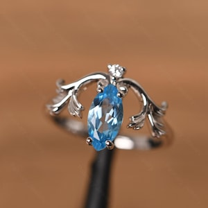 unique marquise cut Swiss blue topaz ring sterling silver vine engagement ring November birthstone ring