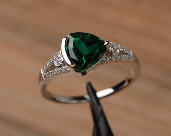 lab emerald ring triangle cut sterling silver engagement ring green gemstone May birthstone ring