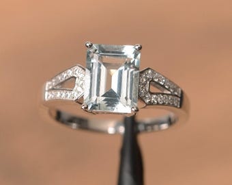 Emerald Cut Aquamarine Ring, Sterling Silver March Birthstone Ring