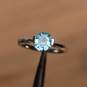 Swiss blue topaz ring octagon cut sterling silver solitaire engagement ring for women