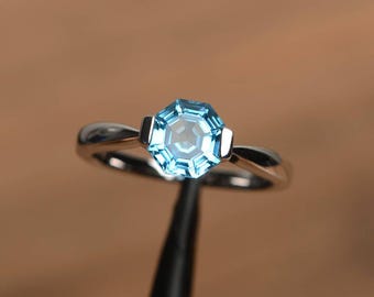 Swiss blue topaz ring octagon cut sterling silver solitaire engagement ring for women