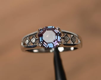 octagon engagement ring alexandrite June birthstone ring color changing gemstone sterling silver anniversary gifts