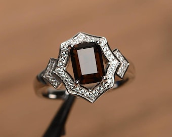natural smoky quartz ring cocktail party ring emerald cut brown gemstone sterling silver gifts