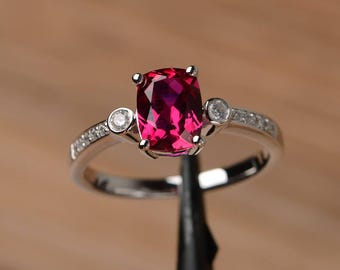 lab ruby ring cushion cut sterling silver engagement wedding ring July birthstone red gemstone ring