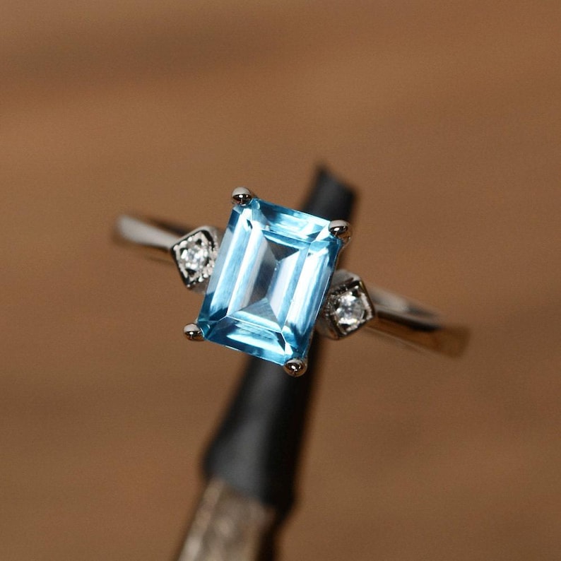 Swiss Blue Topaz Ring Emerald Cut Sterling Silver Engagement Ring for ...