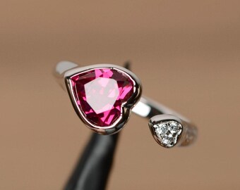 Anillo de compromiso con rubí de laboratorio y corazón de plata, piedra preciosa en forma de corazón, piedra natal de julio.