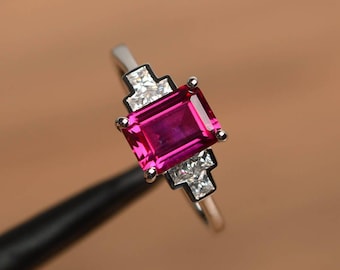 Bague rubis, bague de fiançailles en argent sterling, pierre précieuse rouge taille émeraude, pierre de naissance de juillet