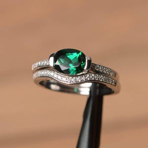 emerald ring promise ring oval cut green gemstone May birthstone sterling silver ring bridal sets