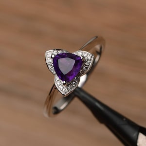 amethyst ring trillion cut sterling silver engagement ring purple gemstone February birthstone ring