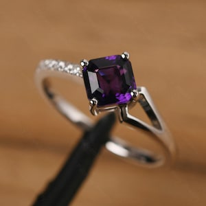 Kite setting engagement ring asscher cut 6x6 mm hollow-out amethyst ring February birthstone