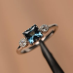 Vintage milgrain ring London blue topaz engagement ring princess cut November birthstone