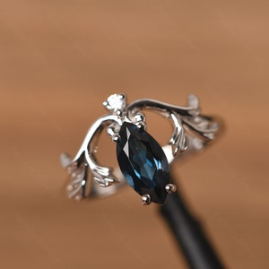 unique November birthstone ring sterling silver London blue topaz ring marquise cut vine promise ring