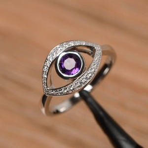 natural amethyst promise ring sterling silver evil eye ring round cut February birthstone