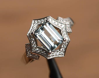 natural aquamarine ring anniversary ring March birthstone emerald cut sterling silver wedding ring