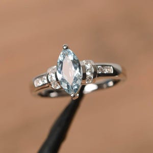 natural aquamarine ring aquamarine wedding ring March birthstone marquise cut blue gemstone sterling silver ring