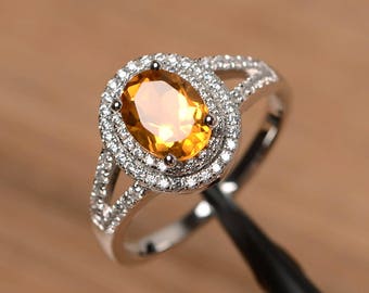 halo natural citrine ring wedding ring sterling silver ring oval cut yellow gemstone November Birthstone ring