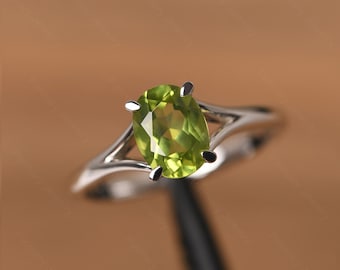 unique peridot ring oval shaped sterling silver engagement ring August birthstone ring
