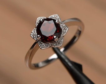 garnet floral wedding ring round cut  sterling silver January birthstone ring
