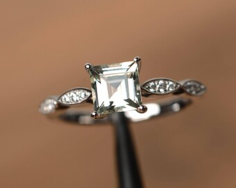 natural green amethyst rings wedding rings sterling silver rings square cut green stone