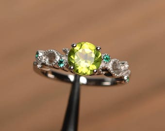 peridot ring August birthstone round cut green gemstone sterling silver engagement ring