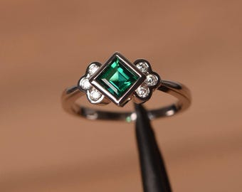 Platz schneiden Smaragd Ring Verlobungsring Mai Geburtsstein Edelsteine grüner Edelstein Sterling Silber Ring Lünette Einstellung Ring