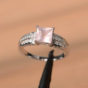 pink quartz ring princess cut pink gemstone ring sterling silver engagement ring