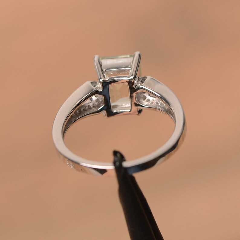 natural gemstone green amethyst ring crystal gemstone ring sterling silver emerald cut engagement ring promise ring for her