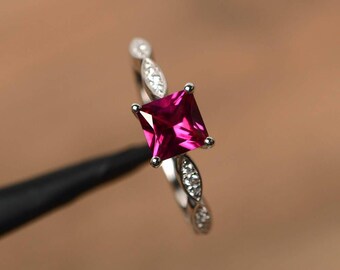 unique anniversary rings princess cut ruby rings red gemstone solid silver rings customized ring