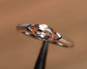 natural pink morganite ring wedding ring marquise cut pink gemstone sterling silver east west solitaire ring