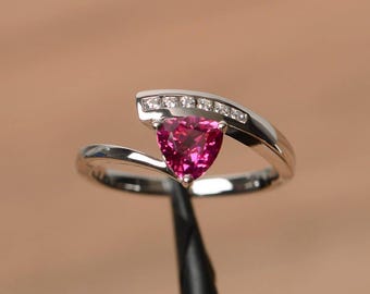 red ruby engagement ring July birthstone trillion cut sterling silver bypass ring