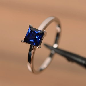 princess cut blue sapphire solitaire ring sterling silver September birthstone minimalist ring