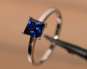 princess cut blue sapphire solitaire ring sterling silver September birthstone minimalist ring