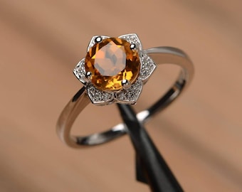 natural citrine ring engagement ring sterling silver round cut yellow gemstone ring November Birthstone