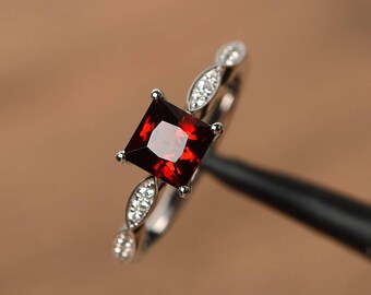 Anillos de aniversario, anillos de granate rojo natural, anillos con piedra de nacimiento de enero, anillos de plata maciza, anillos de corte princesa