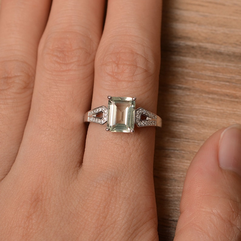 natural gemstone green amethyst ring crystal gemstone ring sterling silver emerald cut engagement ring promise ring for her