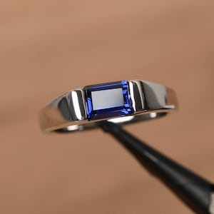 blue sapphire proposal ring emerald cut east west ring September birthstone sterling silver minimalist ring