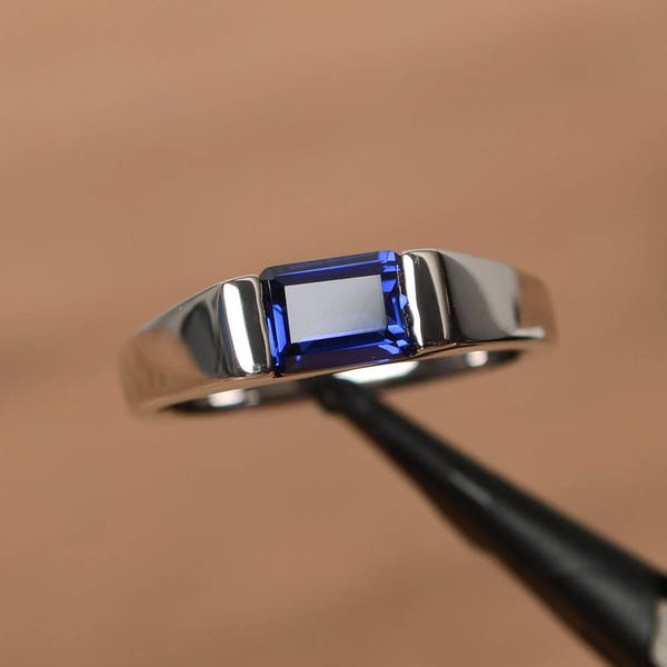 blue sapphire proposal ring emerald cut east west ring September birthstone sterling silver minimalist ring
