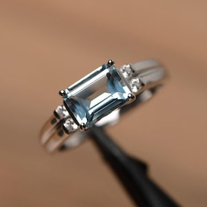 natural aquamarine ring March birthstone ring emerald cut sterling silver ring engagement ring for women
