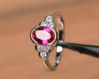 anniversary ring ruby ring July birthstone ring oval cut red gemstone sterling silver ring