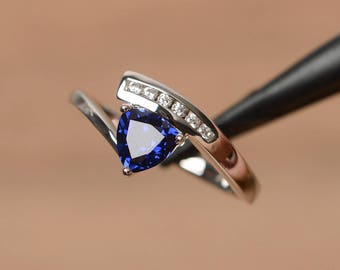 sapphire wedding ring blue sapphire ring September birthstone trillion cut gemstone sterling silver ring