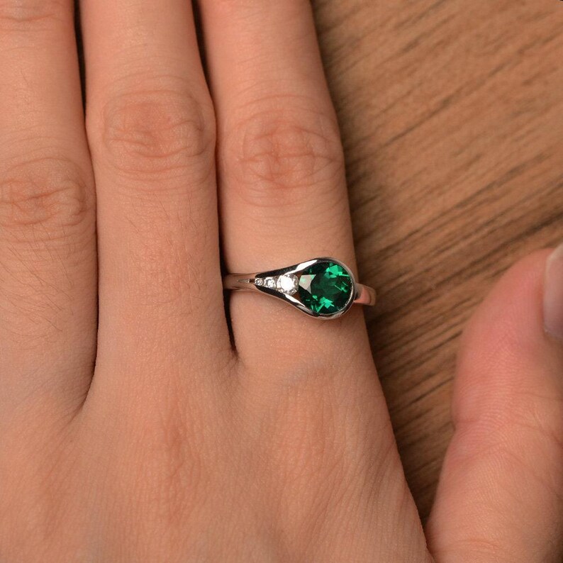 emerald engagement ring round cut promise ring May birthstone ring sterling silver ring gemstone lab emerald bezel setting image 4