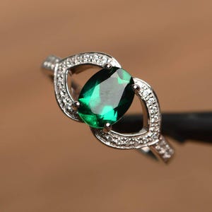 emerald ring May birthstone oval cut green gemstone sterling silver engagement ring