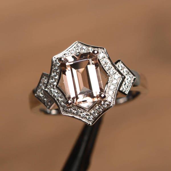 morganite engagement ring natural pink morganite emerald cut pink gemstone sterling silver