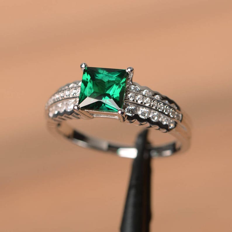 emerald ring promise ring May birthstone princess cut gems green gemstone sterling silver ring