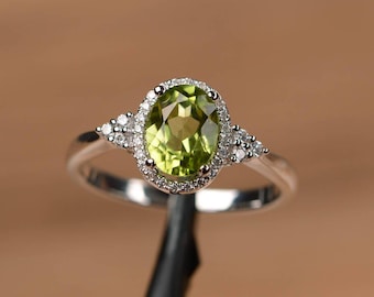 natural peridot ring oval cut promise engagement ring solid sterling silver ring green gemstone August birthstone ring