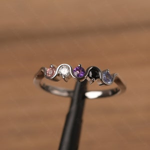 Multi-stone wedding band sterling silver round shaped wave stacking ring combined birthstone