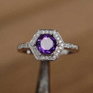 natural amethyst halo cocktail ring sterling silver hexagon cut February birthstone ring