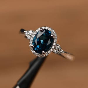 London blue topaz wedding ring oval halo engagement rings solid sterling silver November birthstone