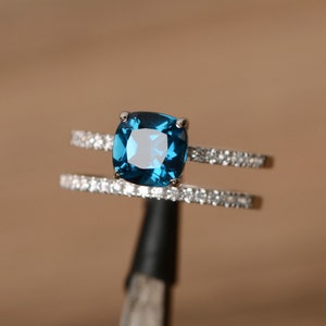 engagement ring London blue topaz ring stacking ring promise ring for her cushion cut sterling silver image 1