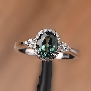 solid sterling silver green sapphire ring oval cut halo promise ring